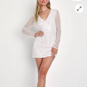 Lulu's Noticeable Shine White Sequin Beaded Long Sleeve Mini Dress